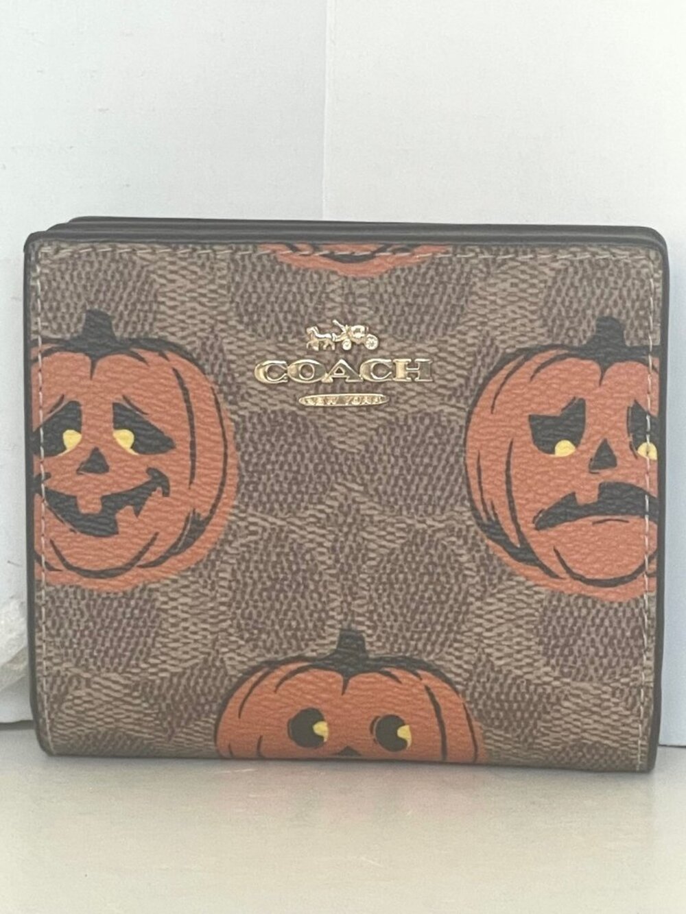 Coach Snap Wallet ID Pumpkin Halloween Signature Canvas Leather CCR19 - Picture 3 of 8